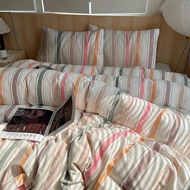 Soft Washed Cotton Duvet Cover Set with Colorful Stripes and 2 Pillowcases