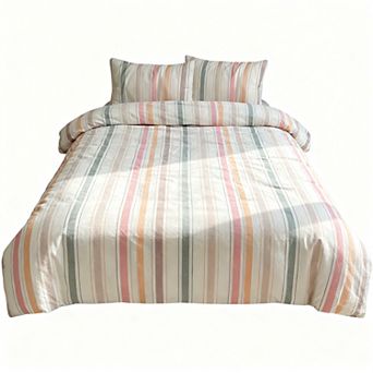 Soft Washed Cotton Duvet Cover Set with Colorful Stripes and 2 Pillowcases
