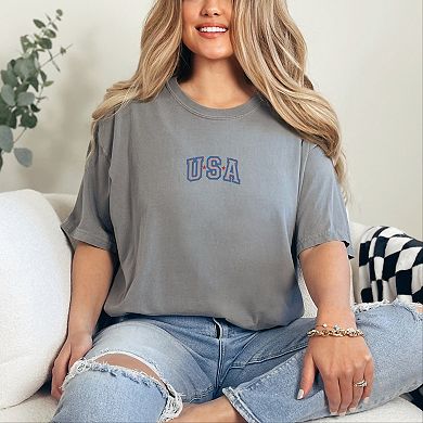 Embroidered USA Outline - Women's Garment Dyed Graphic T-Shirt