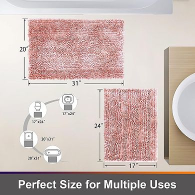 Pink Chenille Bathroom Rug Set Non Slip Absorbent Bath Mats Two Piece