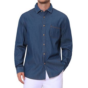 Men's Casual Chest Pocket Long Sleeve Button Down Outdoor Denim Shirt