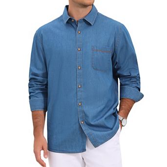 Men's Casual Chest Pocket Long Sleeve Button Down Outdoor Denim Shirt
