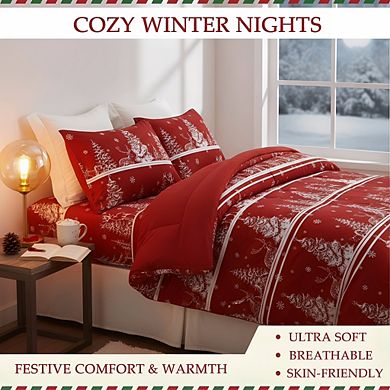 Reversible Christmas Comforter Set, Queen 3pc Rust Red Winter Striped Pattern