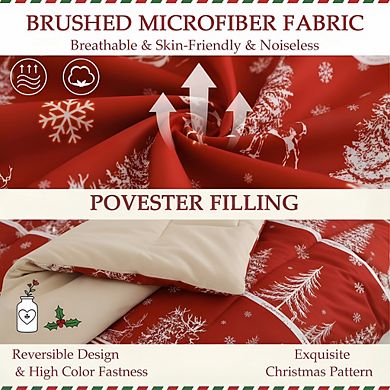 Reversible Christmas Comforter Set, Queen 3pc Rust Red Winter Striped Pattern