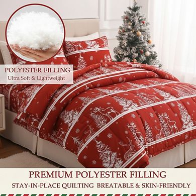Reversible Christmas Comforter Set, Queen 3pc Rust Red Winter Striped Pattern