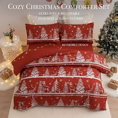 Reversible Christmas Comforter Set, Queen 3pc Rust Red Winter Striped Pattern