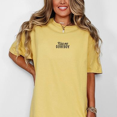 Embroidered Kiss Me Cowboy - Women's Garment Dyed Graphic T-Shirt