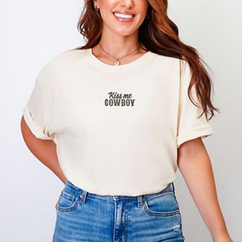 Embroidered Kiss Me Cowboy - Women's Garment Dyed Graphic T-Shirt