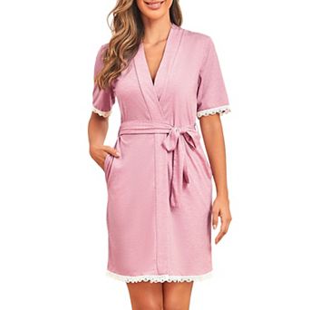 Womens Lace Trim Square Neck Ruched Short Sleeve Button Nightgown One Piece Pajamas Sleep Dresses