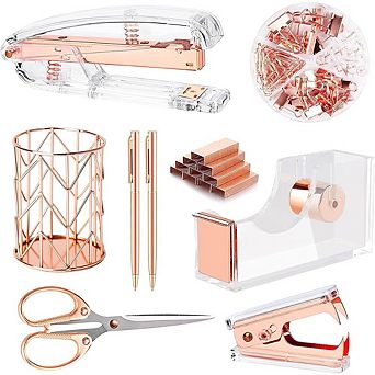 Rose Gold Desk Accessories Set with Acrylic Stapler, Tape Holder, Pens and Office Supplies