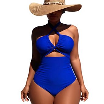 Women's Halter One Piece Swimsuit - Crisscross Cutout High Waist Bathing Suit for Beach Vacation