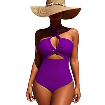 Women's Halter One Piece Swimsuit - Crisscross Cutout High Waist Bathing Suit for Beach Vacation