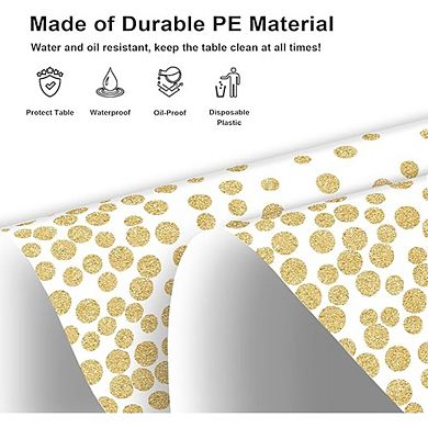 White & Gold Dot Plastic Tablecloth, Disposable, Waterproof, Rectangle