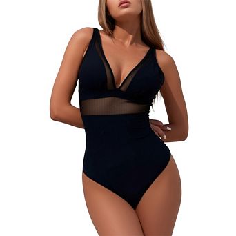 Women's One Piece Swimsuit Sheer Mesh V-Neck Tummy Control Bathing Suit