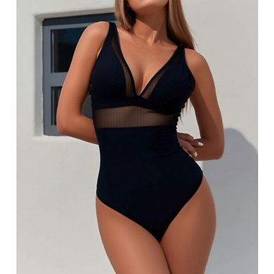 Women's One Piece Swimsuit Sheer Mesh V-Neck Tummy Control Bathing Suit