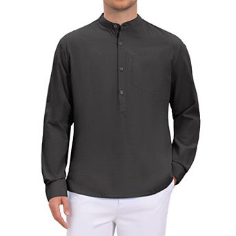 Men's Henley Shirt Long Sleeves Button Down Chest Pocket Casual Cotton Shirts