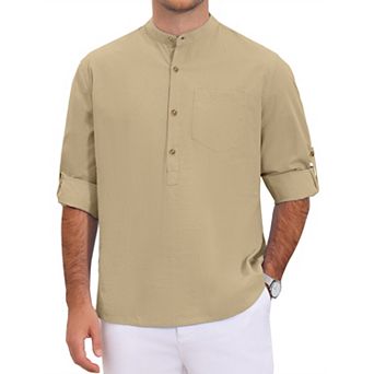 Men's Henley Shirt Long Sleeves Button Down Chest Pocket Casual Cotton Shirts