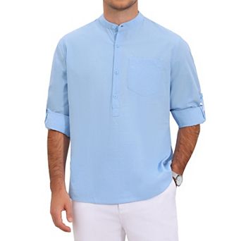 Men's Henley Shirt Long Sleeves Button Down Chest Pocket Casual Cotton Shirts