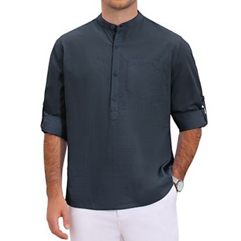 Men's Henley Shirt Long Sleeves Button Down Chest Pocket Casual Cotton Shirts