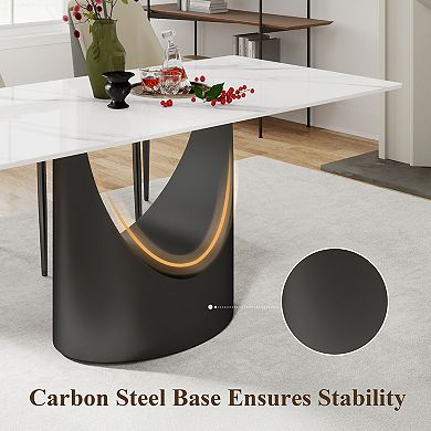 63" Marble Sintered Stone Dining Table, Rectangle Table with Unique Black U-Shape Pedestal