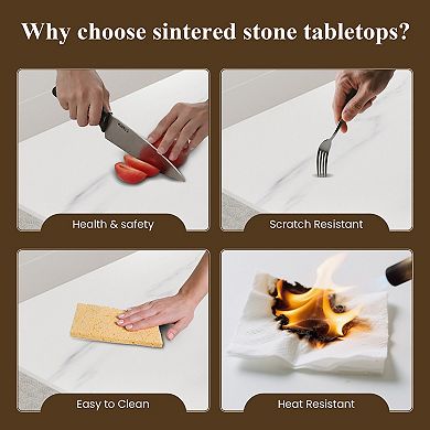 63" Marble Sintered Stone Dining Table, Rectangle Table with Unique Black U-Shape Pedestal