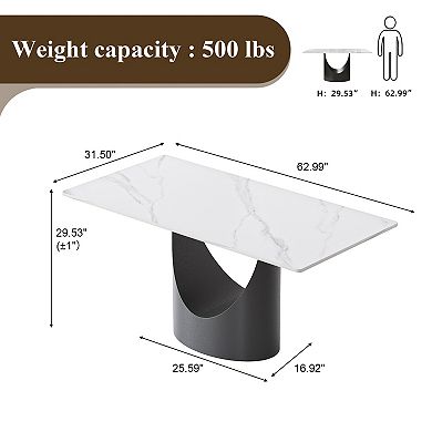 63" Marble Sintered Stone Dining Table, Rectangle Table with Unique Black U-Shape Pedestal