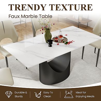 63" Marble Sintered Stone Dining Table, Rectangle Table with Unique Black U-Shape Pedestal