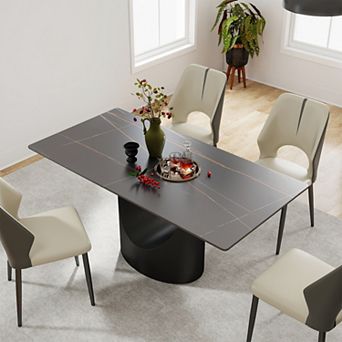 63" Marble Sintered Stone Dining Table, Rectangle Table with Unique Black U-Shape Pedestal