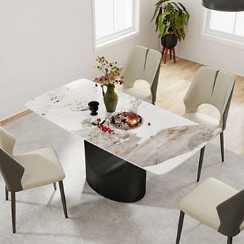 63" Marble Sintered Stone Dining Table, Rectangle Table with Unique Black U-Shape Pedestal