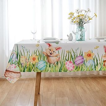 Spring Floral Bunny Tablecloth, Polyester, Waterproof, Washable, Holiday-Ready