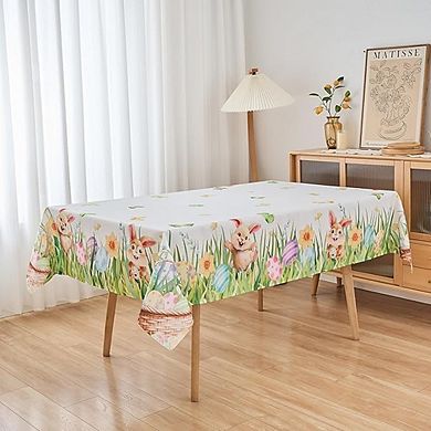 Spring Floral Bunny Tablecloth, Polyester, Waterproof, Washable, Holiday-Ready