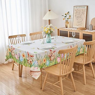 Spring Floral Bunny Tablecloth, Polyester, Waterproof, Washable, Holiday-Ready
