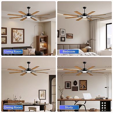 72" 8-Blade Large Modern Ceiling Fan Reversible Quiet DC Motor, Indoor/Outdoor, Black Finish