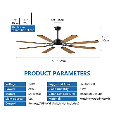 72" 8-Blade Large Modern Ceiling Fan Reversible Quiet DC Motor, Indoor/Outdoor, Black Finish
