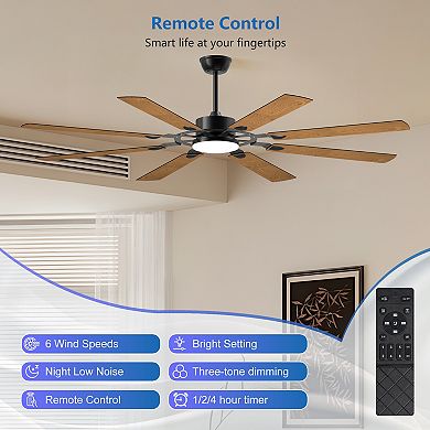 72" 8-Blade Large Modern Ceiling Fan Reversible Quiet DC Motor, Indoor/Outdoor, Black Finish