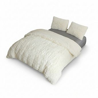 Queen Luxury Faux Fur Duvet Cover Set, 3 pc Shaggy Plush in Ivory Beige