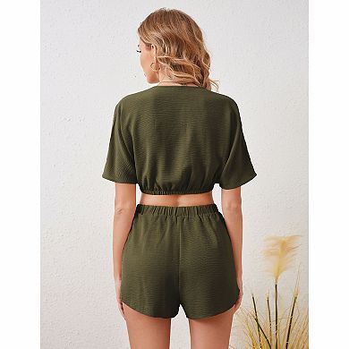 Women's Cross V-neck Crop Top Loose Fitting Short with Side Slit Shorts Set