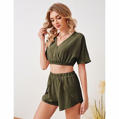 Women's Cross V-neck Crop Top Loose Fitting Short with Side Slit Shorts Set