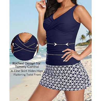 Women's Tankini Set with Printed Skirt Bottom V-Neck Racerback Two Piece Swimsuit