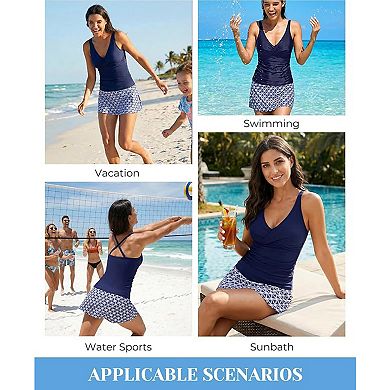 Women's Tankini Set with Printed Skirt Bottom V-Neck Racerback Two Piece Swimsuit