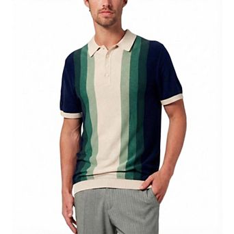 Men's Short Sleeve Striped Stand Collar Casual Button Knit Polo Shirt