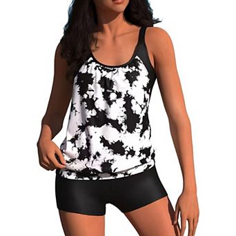 Tie Dye Print Tankini Swimsuit Modest Two Piece Bathing Suit with Boyshort Bottom for Women