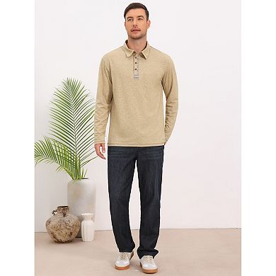 Men's Contrast Placket Button Collared Pocket Long Sleeves Polo Shirts