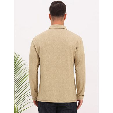 Men's Contrast Placket Button Collared Pocket Long Sleeves Polo Shirts