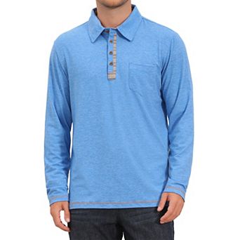 Men's Contrast Placket Button Collared Pocket Long Sleeves Polo Shirts