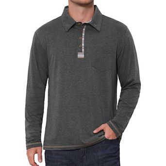 Men's Contrast Placket Button Collared Pocket Long Sleeves Polo Shirts