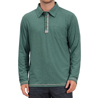 Men's Contrast Placket Button Collared Pocket Long Sleeves Polo Shirts