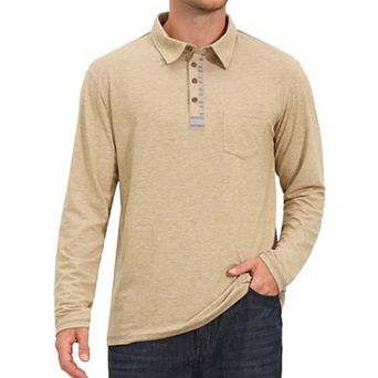 Men's Contrast Placket Button Collared Pocket Long Sleeves Polo Shirts