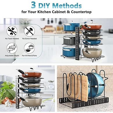 Pots and Pans Organizer Rack - 8 Tier Adjustable Kitchen Cabinet Storage