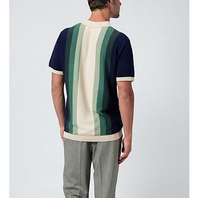 Men's Striped Stand Collar Knit Short Sleeve Button Polo Shirt